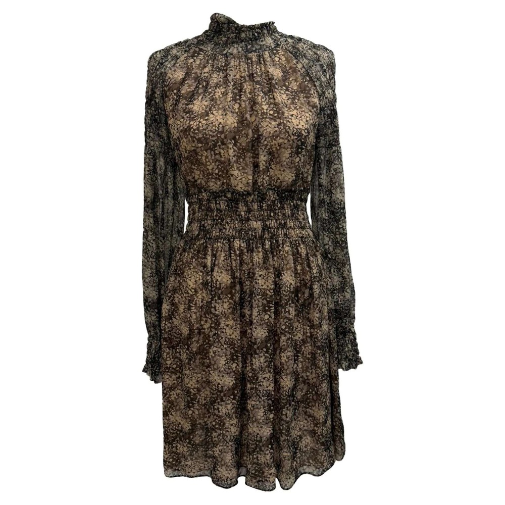Michael Kors‎ Printed Mock Neck Silk Mini Dress Brown Tan Abstract Floral Size 4